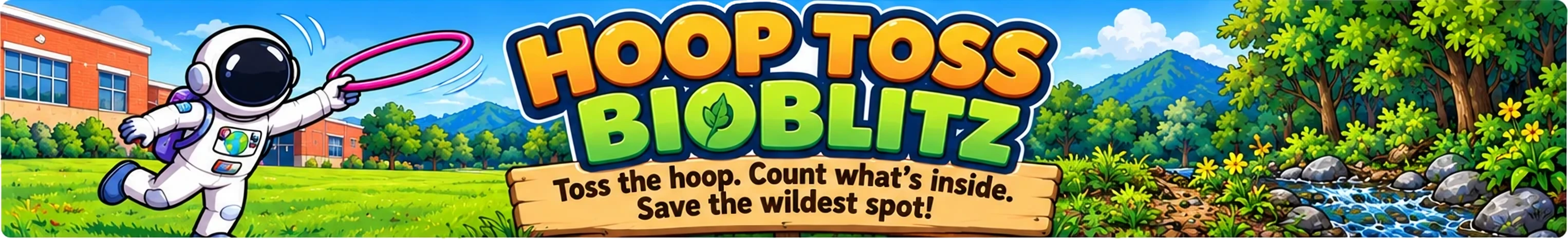 Hoop Toss BioBlitz: an astronaut tosses a pink hoop between a mowed lawn and a creek. Toss the hoop. Count what's inside. Save the wildest spot!